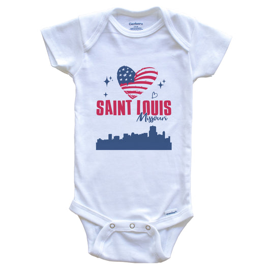Saint Louis Missouri Skyline American Flag Heart 4th of July Baby Bodysuit