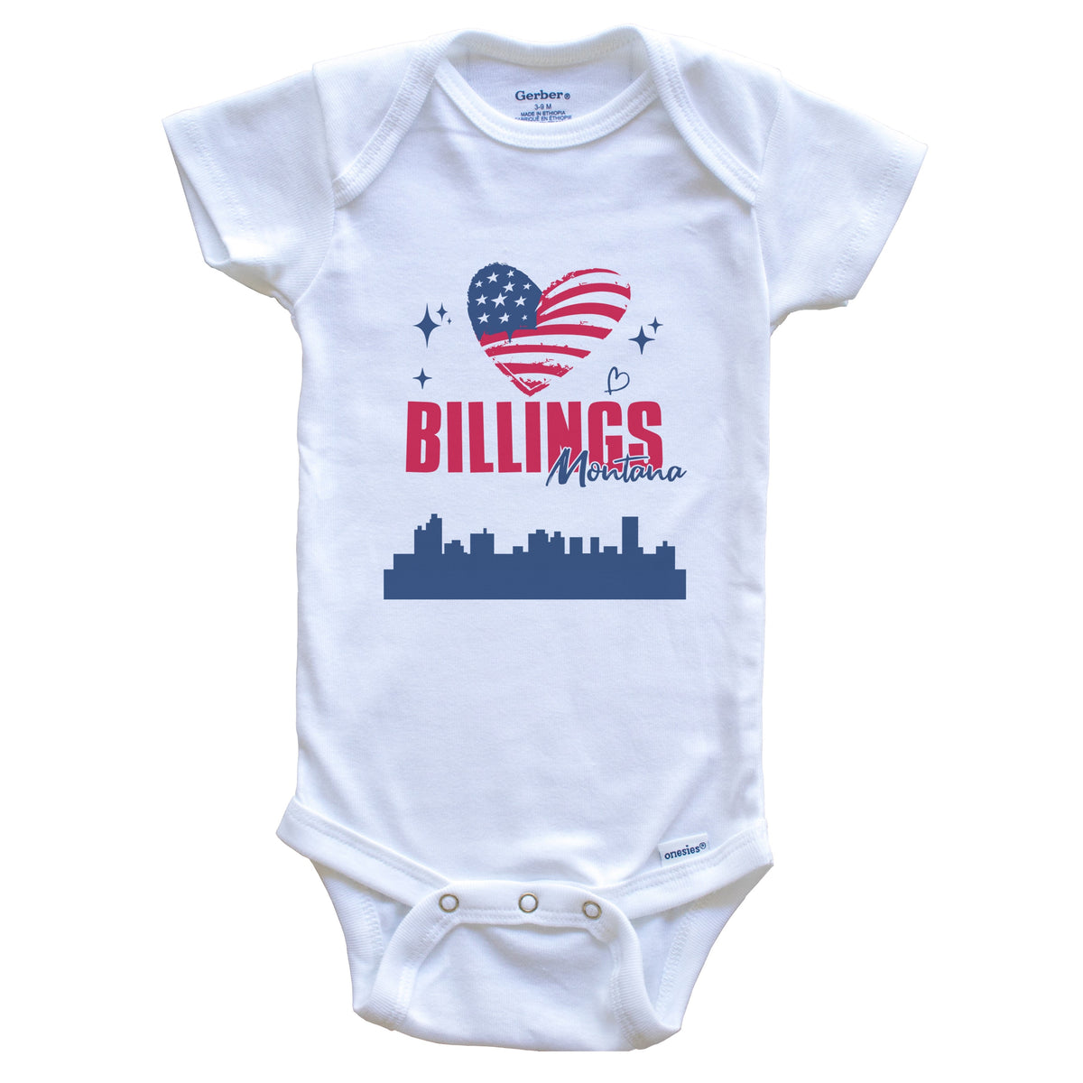 Billings Montana Skyline American Flag Heart 4th of July Baby Bodysuit