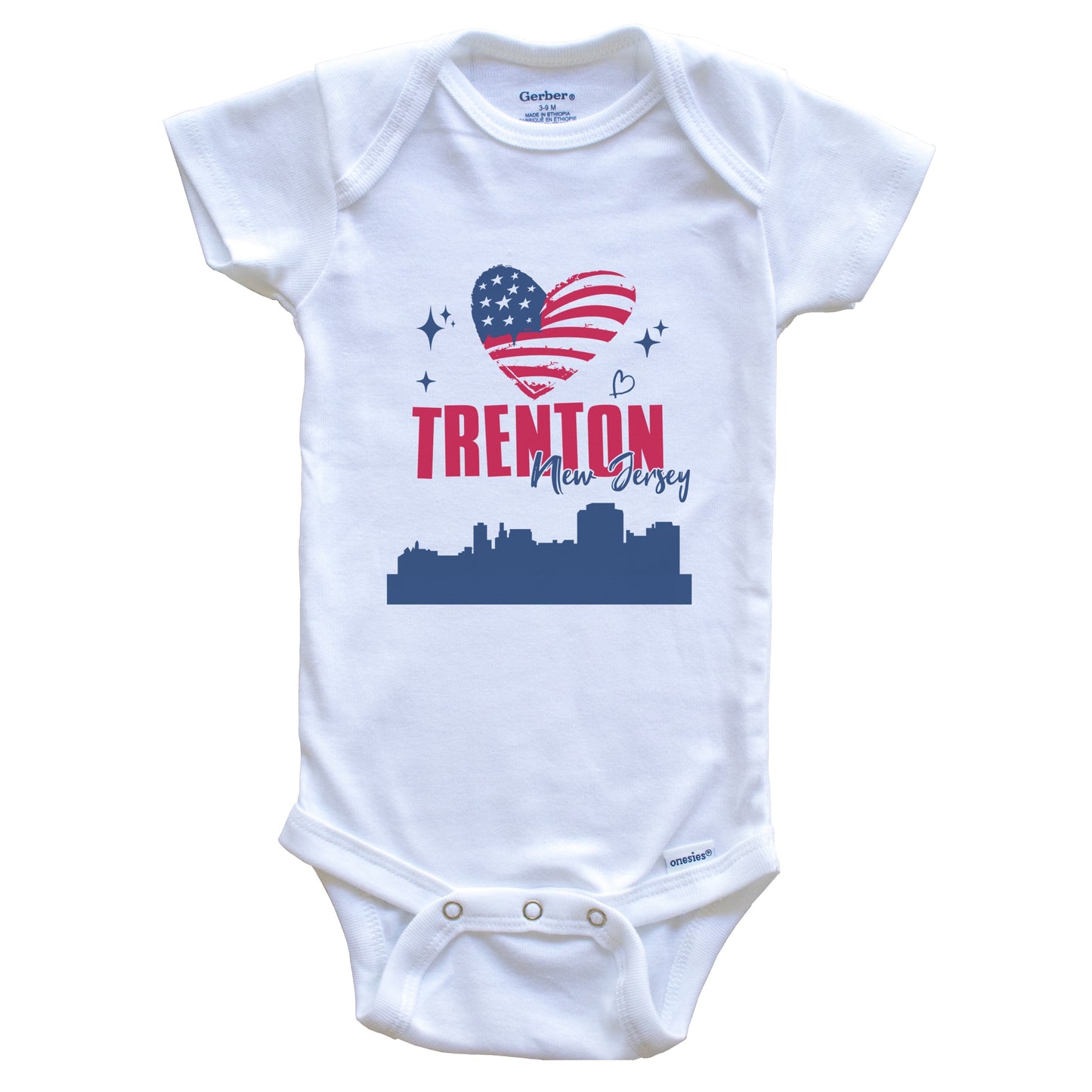 Trenton New Jersey Skyline American Flag Heart 4th of July Baby Bodysuit
