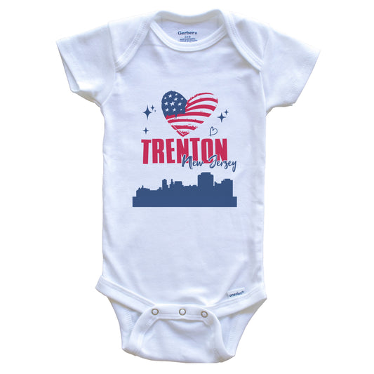 Trenton New Jersey Skyline American Flag Heart 4th of July Baby Bodysuit