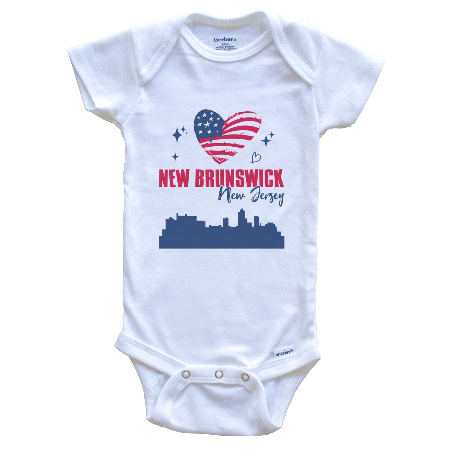 New Brunswick New Jersey Skyline American Flag Heart 4th of July Baby Bodysuit