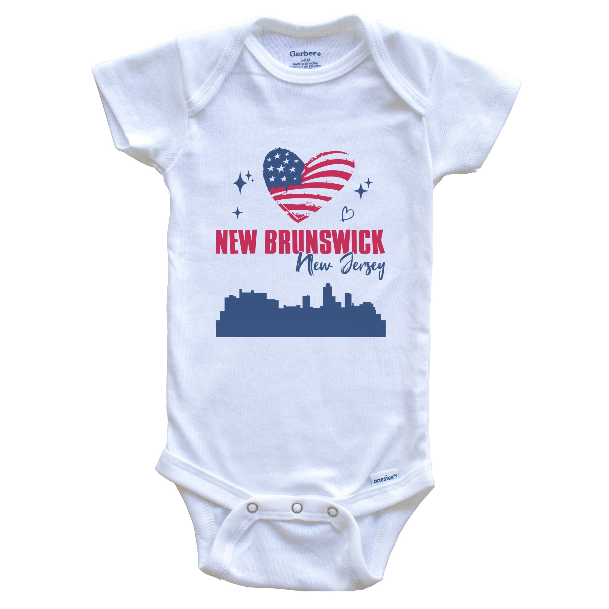 New Brunswick New Jersey Skyline American Flag Heart 4th of July Baby Bodysuit