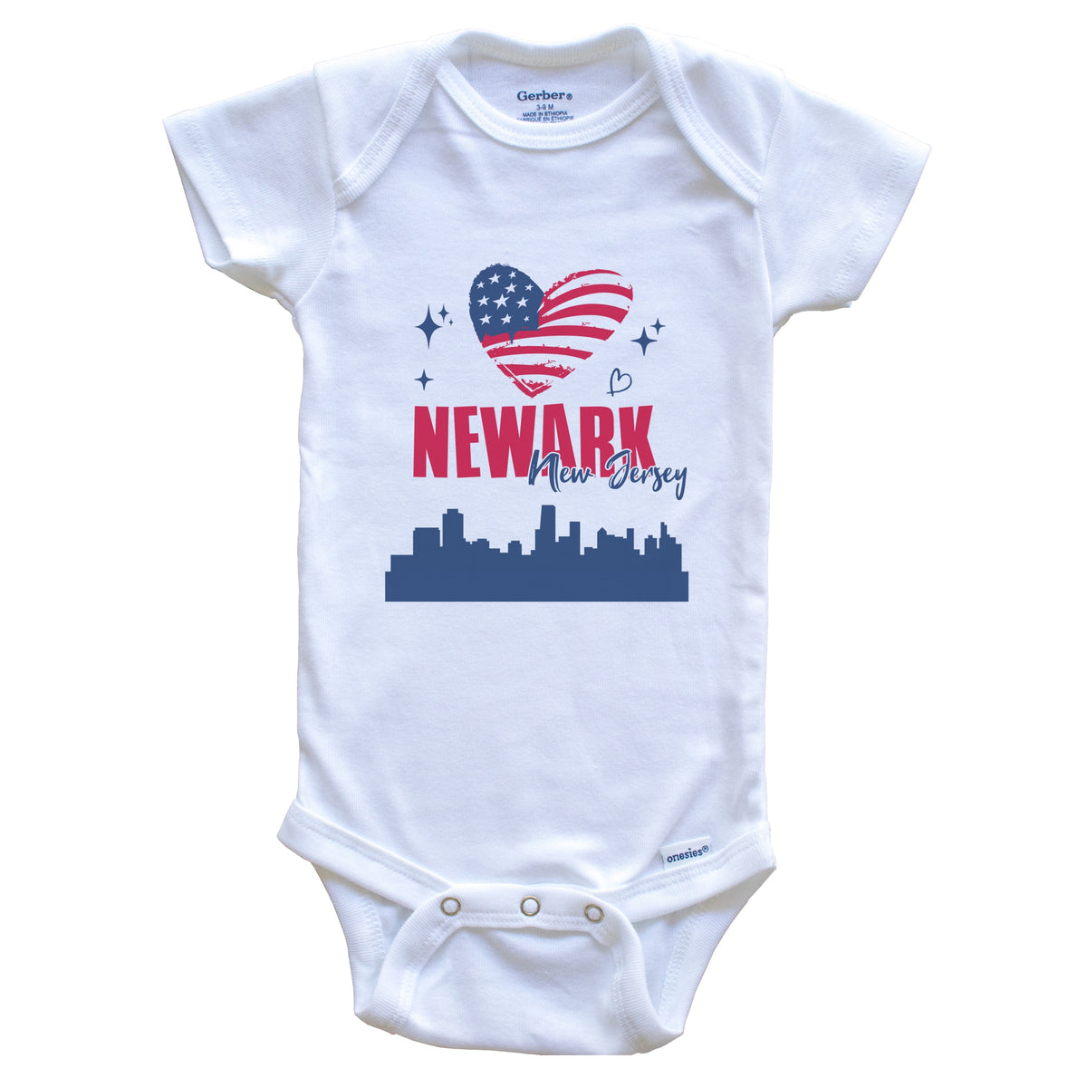 Newark New Jersey Skyline American Flag Heart 4th of July Baby Bodysuit