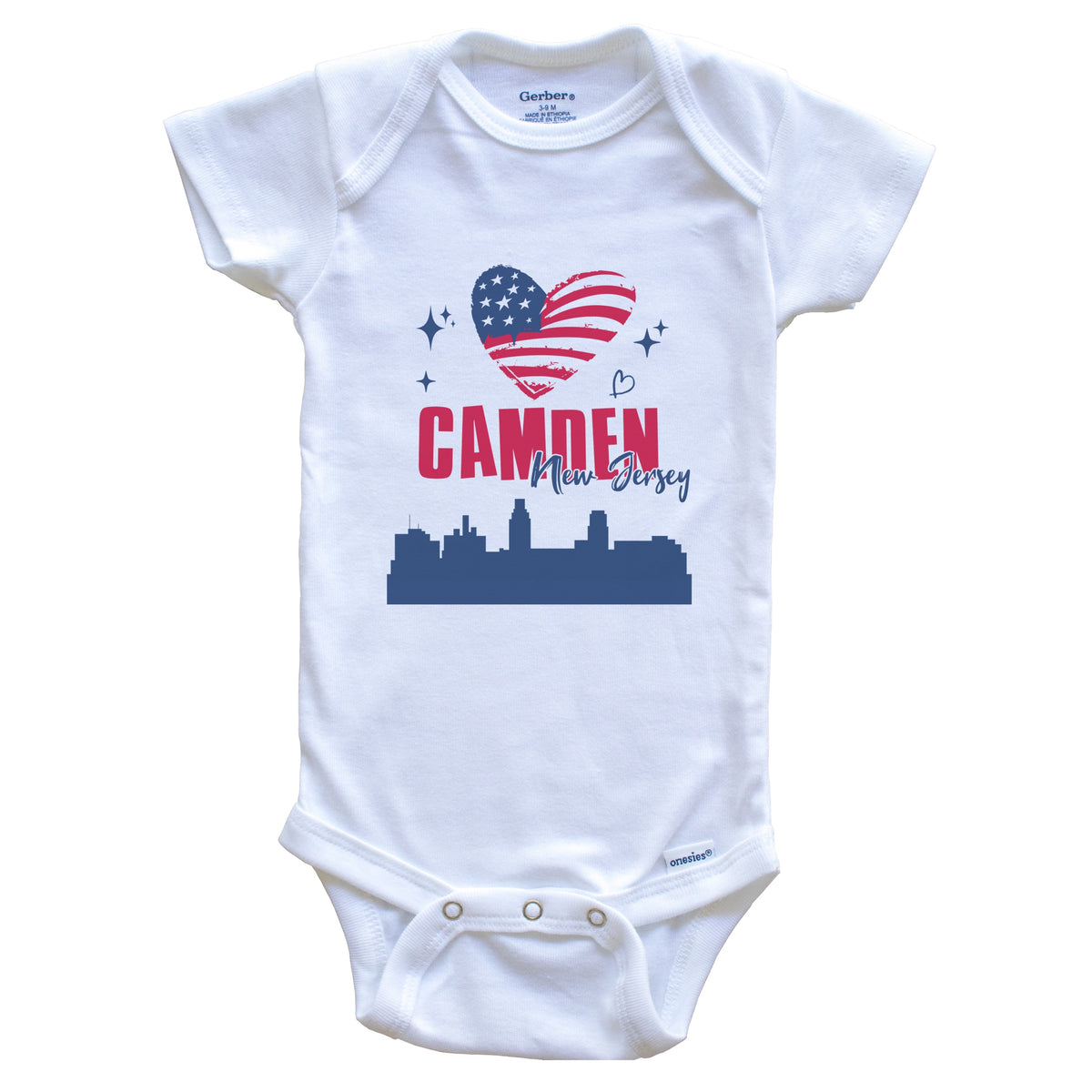 Camden New Jersey Skyline American Flag Heart 4th of July Baby Bodysuit