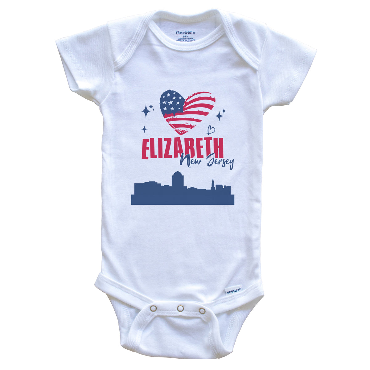 Elizabeth New Jersey Skyline American Flag Heart 4th of July Baby Bodysuit