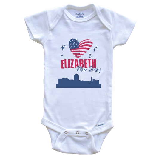Elizabeth New Jersey Skyline American Flag Heart 4th of July Baby Bodysuit