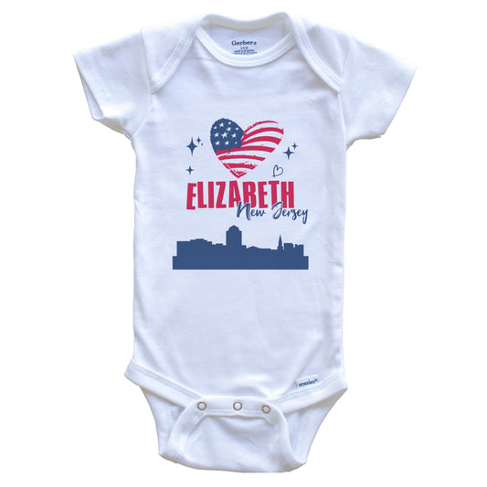 Elizabeth New Jersey Skyline American Flag Heart 4th of July Baby Bodysuit