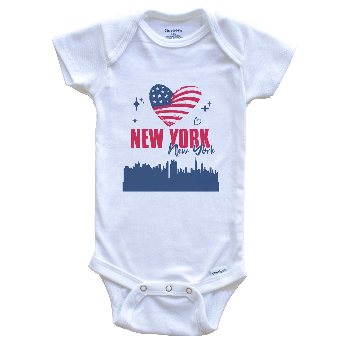New York New York Skyline American Flag Heart 4th of July Baby Bodysuit