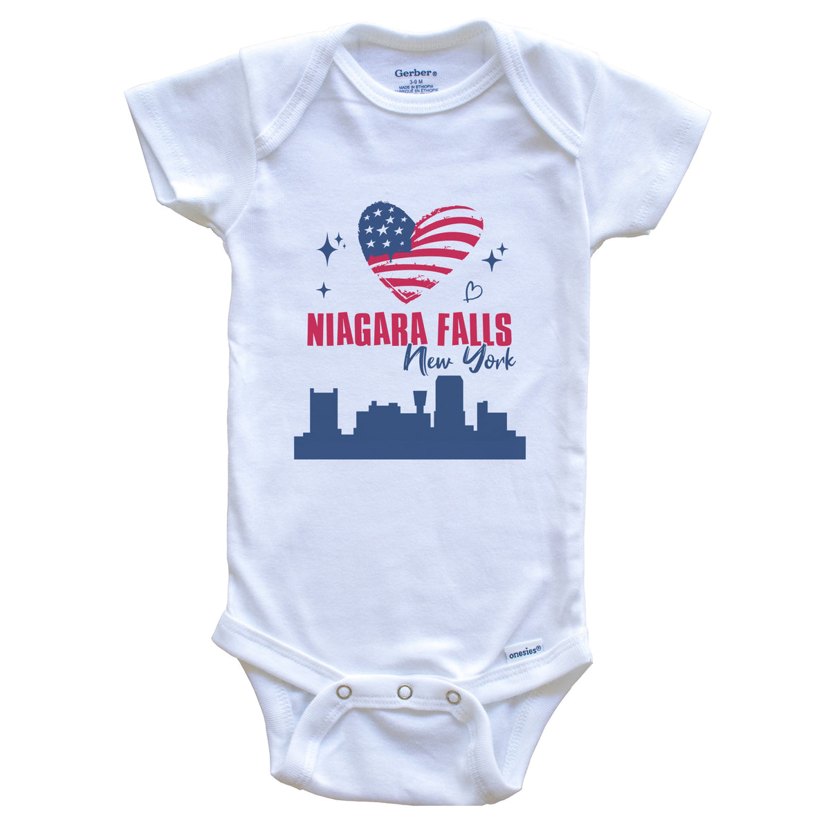 Niagara Falls New York Skyline American Flag Heart 4th of July Baby Bodysuit
