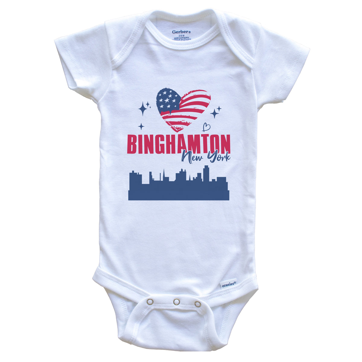Binghamton New York Skyline American Flag Heart 4th of July Baby Bodysuit