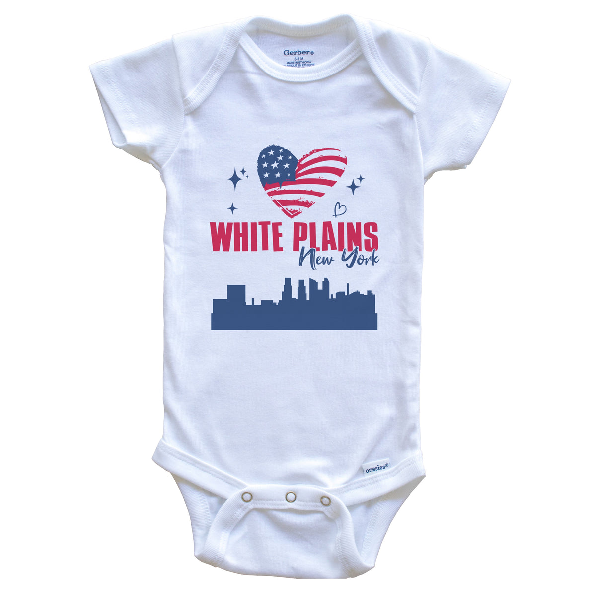 White Plains New York Skyline American Flag Heart 4th of July Baby Bodysuit