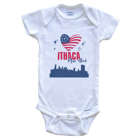 Ithaca New York Skyline American Flag Heart 4th of July Baby Bodysuit