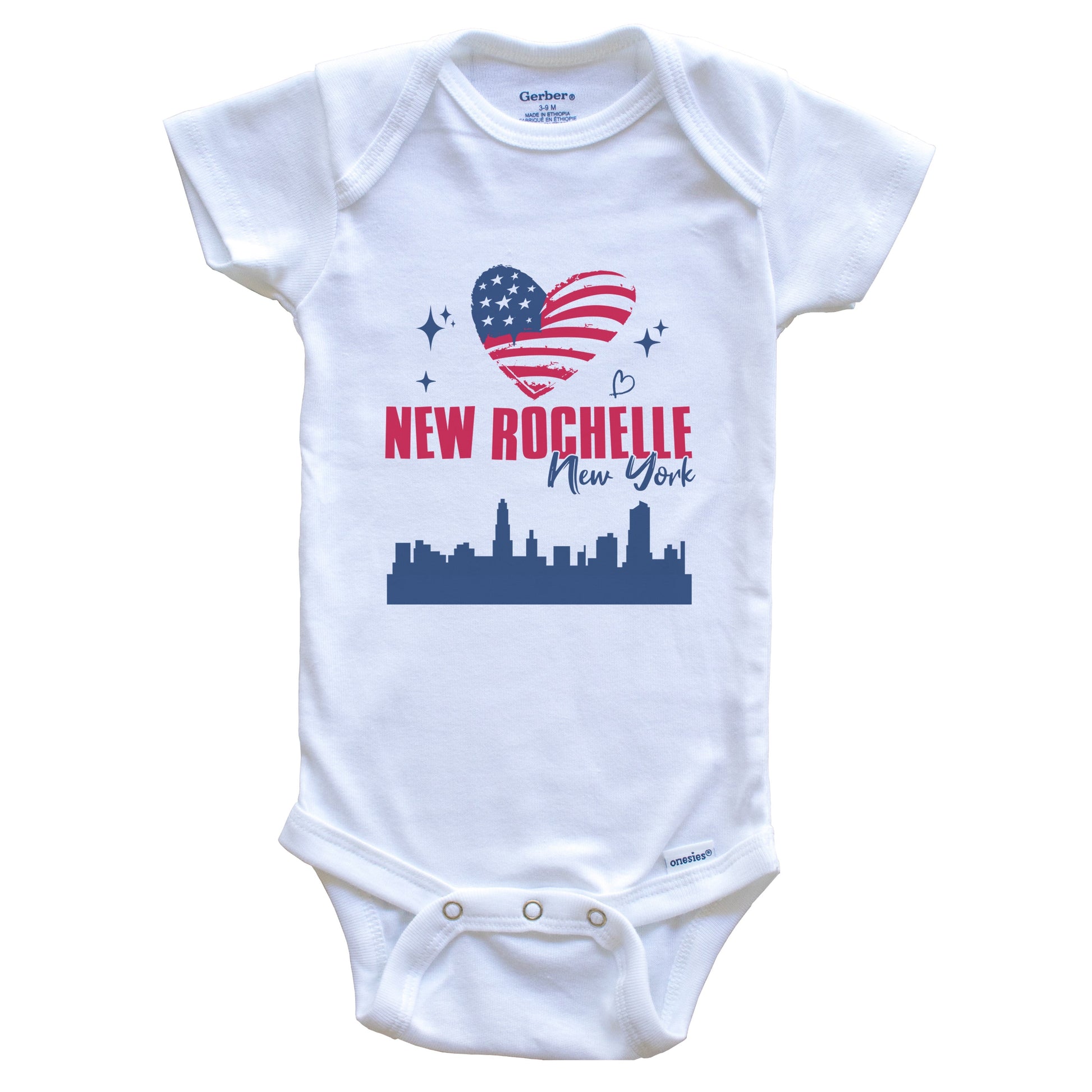 New Rochelle New York Skyline American Flag Heart 4th of July Baby Bodysuit