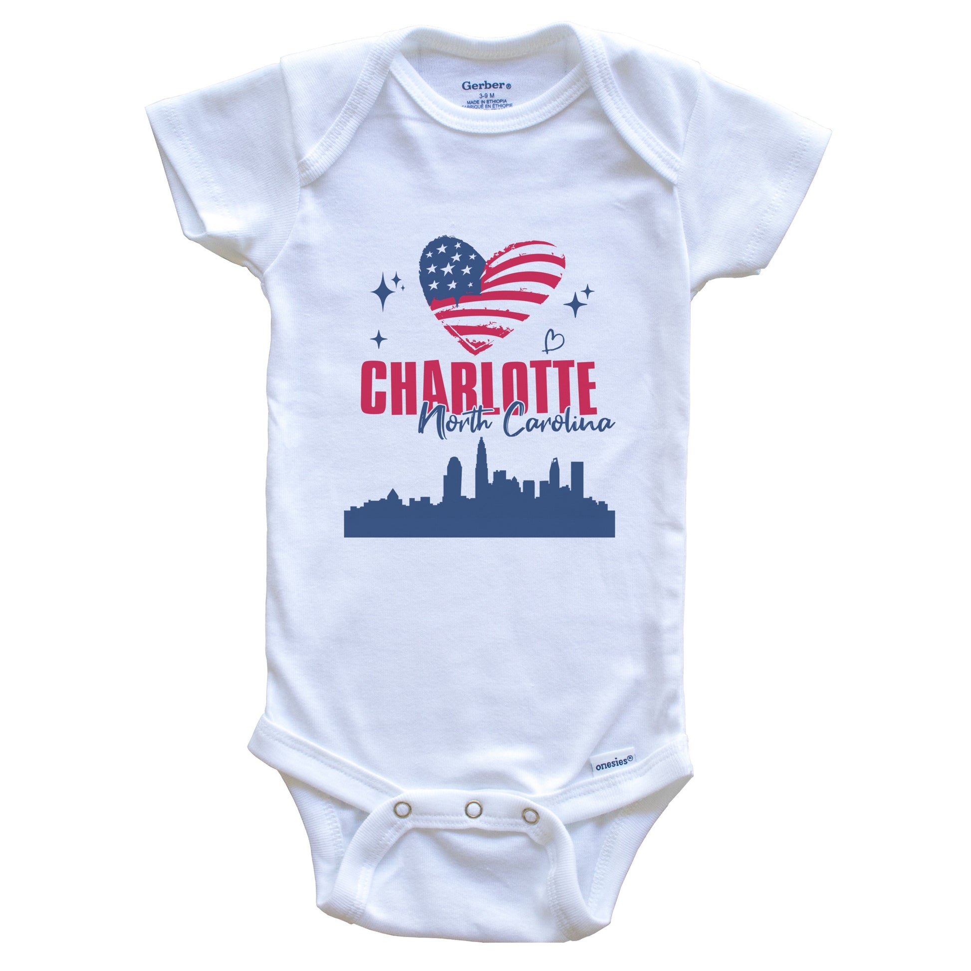 Charlotte North Carolina Skyline American Flag Heart 4th of July Baby Bodysuit