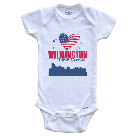 Wilmington North Carolina Skyline American Flag Heart 4th of July Baby Bodysuit