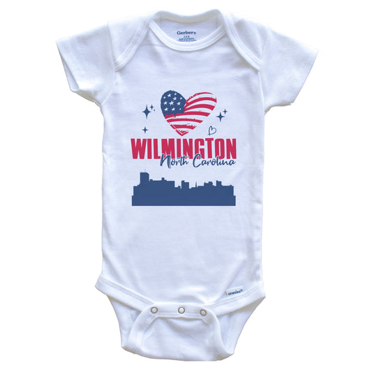 Wilmington North Carolina Skyline American Flag Heart 4th of July Baby Bodysuit
