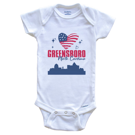 Greensboro North Carolina Skyline American Flag Heart 4th of July Baby Bodysuit