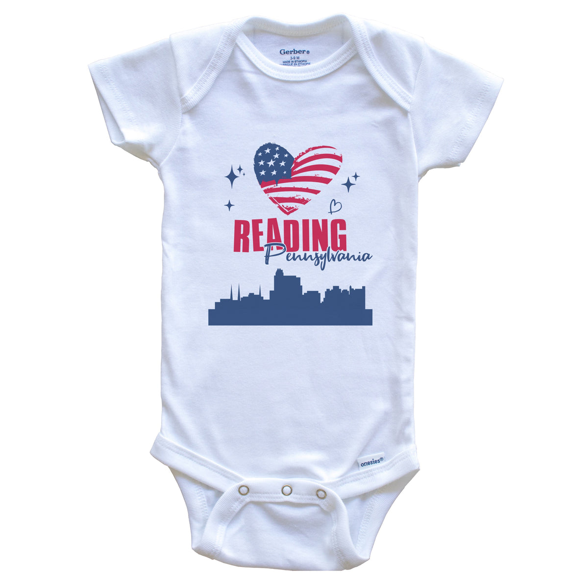Reading Pennsylvania Skyline American Flag Heart 4th of July Baby Bodysuit