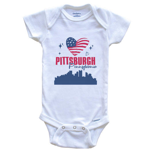 Pittsburgh Pennsylvania Skyline American Flag Heart 4th of July Baby Bodysuit