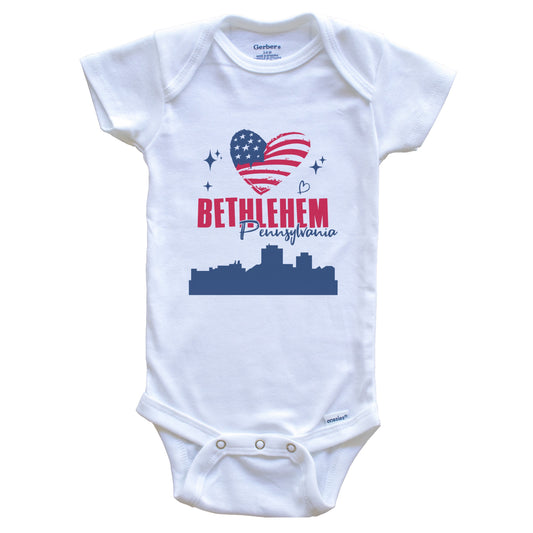 Bethlehem Pennsylvania Skyline American Flag Heart 4th of July Baby Bodysuit