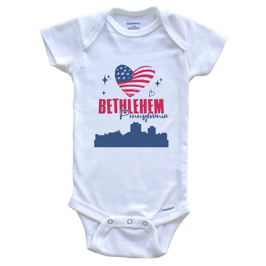 Bethlehem Pennsylvania Skyline American Flag Heart 4th of July Baby Bodysuit