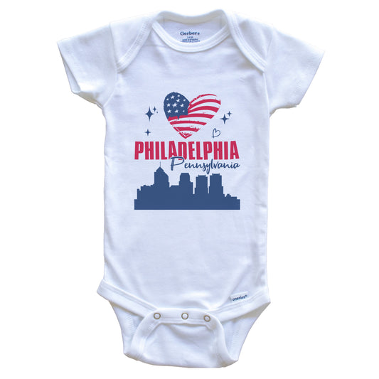 Philadelphia Pennsylvania Skyline American Flag Heart 4th of July Baby Bodysuit