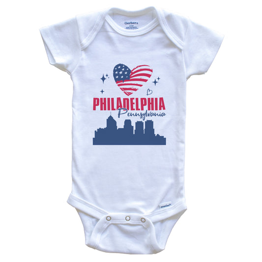 Philadelphia Pennsylvania Skyline American Flag Heart 4th of July Baby Bodysuit