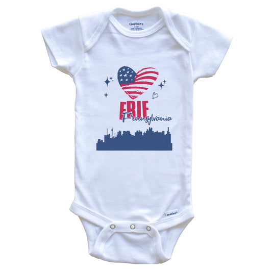Erie Pennsylvania Skyline American Flag Heart 4th of July Baby Bodysuit