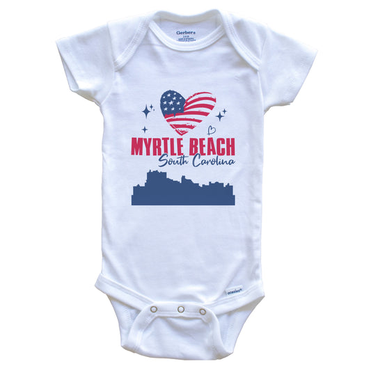Myrtle Beach South Carolina Skyline American Flag Heart 4th of July Baby Bodysuit