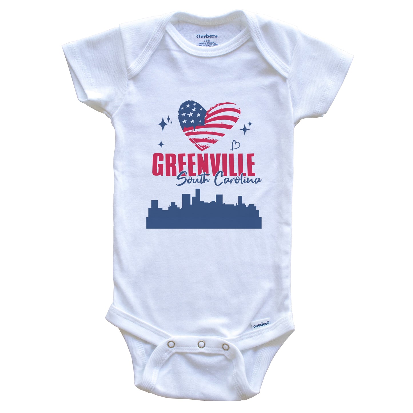 Greenville South Carolina Skyline American Flag Heart 4th of July Baby Bodysuit