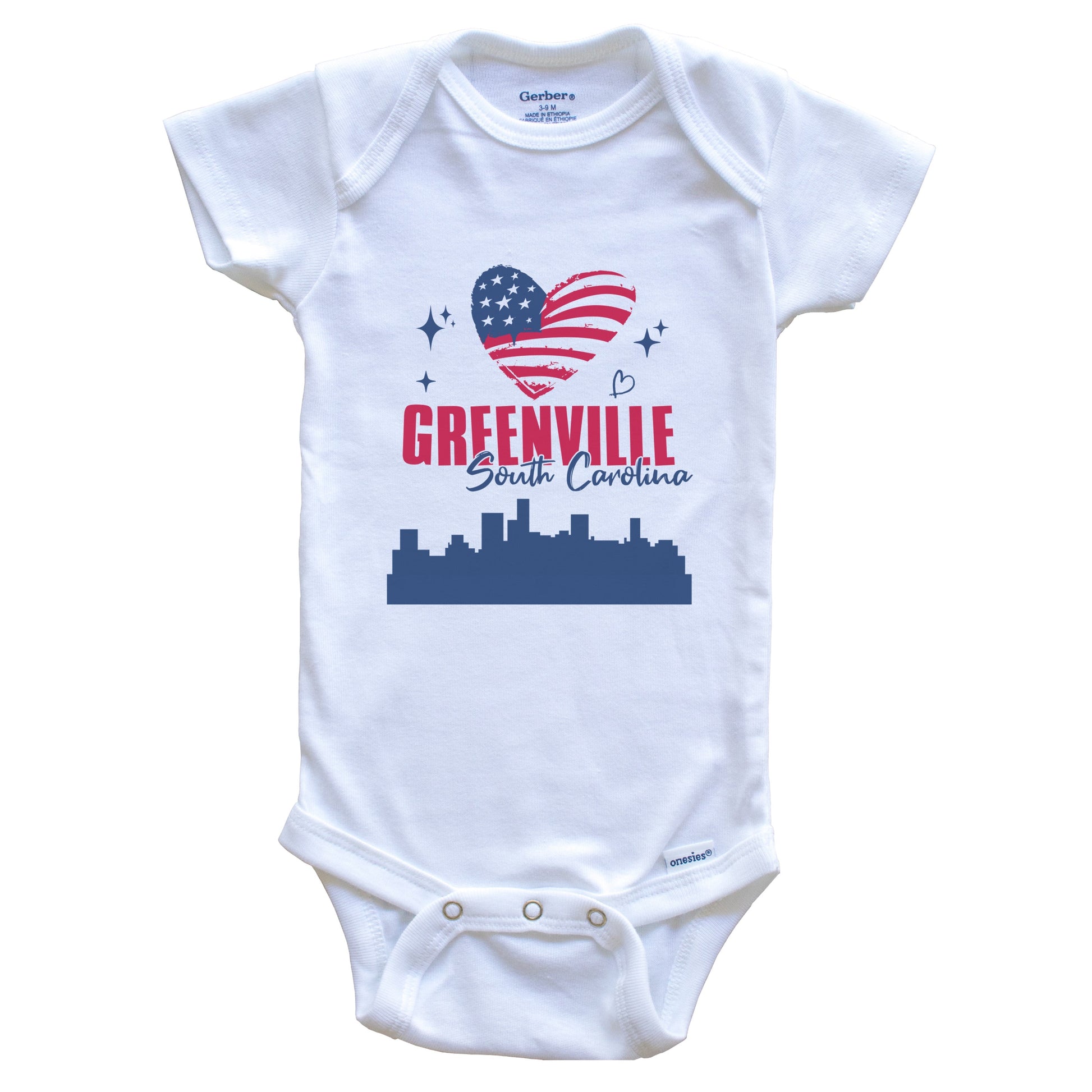 Greenville South Carolina Skyline American Flag Heart 4th of July Baby Bodysuit