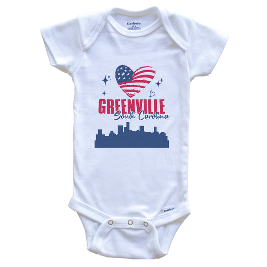 Greenville South Carolina Skyline American Flag Heart 4th of July Baby Bodysuit