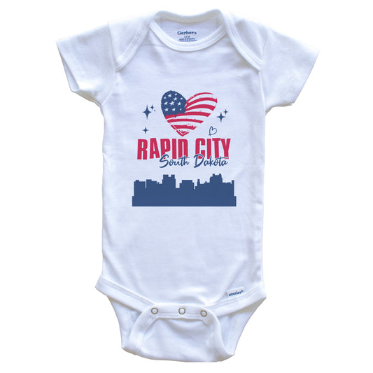 Rapid City South Dakota Skyline American Flag Heart 4th of July Baby Bodysuit