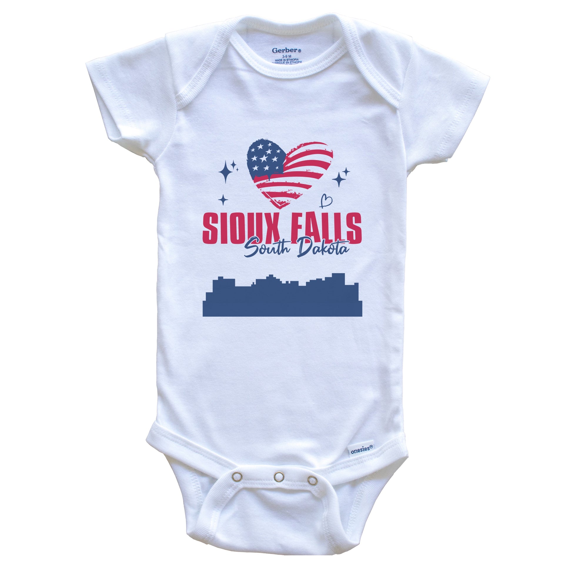 Sioux Falls South Dakota Skyline American Flag Heart 4th of July Baby Bodysuit