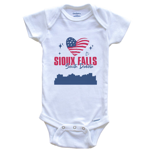 Sioux Falls South Dakota Skyline American Flag Heart 4th of July Baby Bodysuit