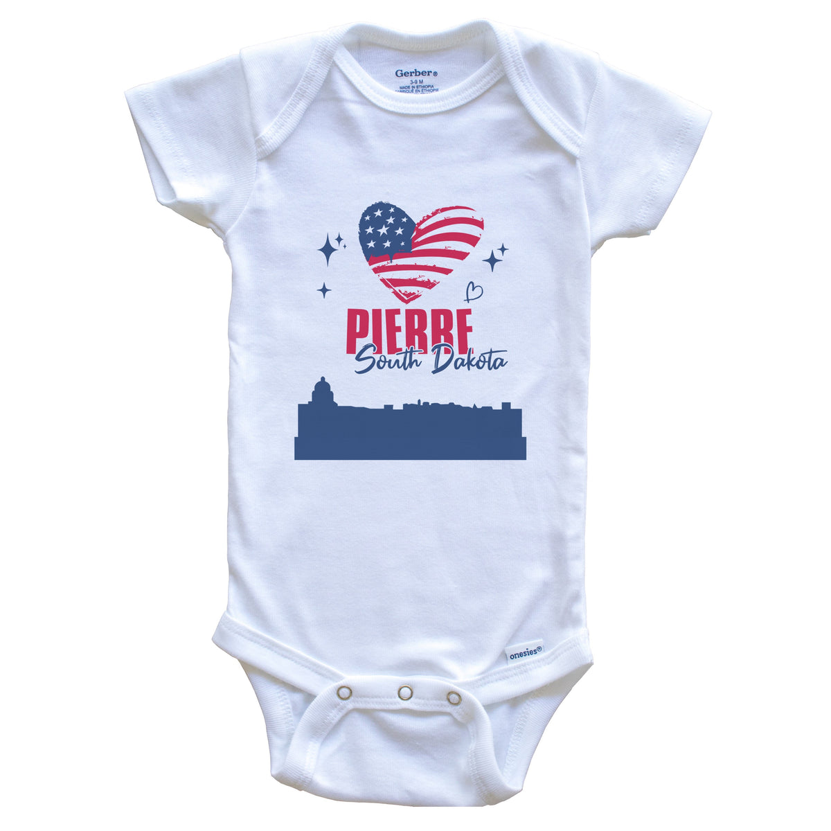 Pierre South Dakota Skyline American Flag Heart 4th of July Baby Bodysuit