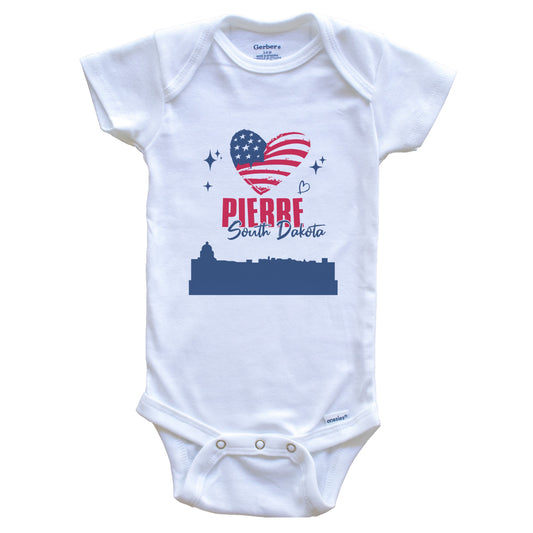 Pierre South Dakota Skyline American Flag Heart 4th of July Baby Bodysuit