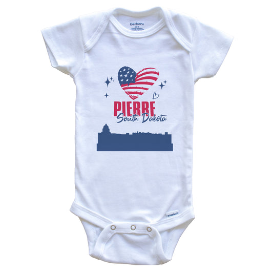 Pierre South Dakota Skyline American Flag Heart 4th of July Baby Bodysuit