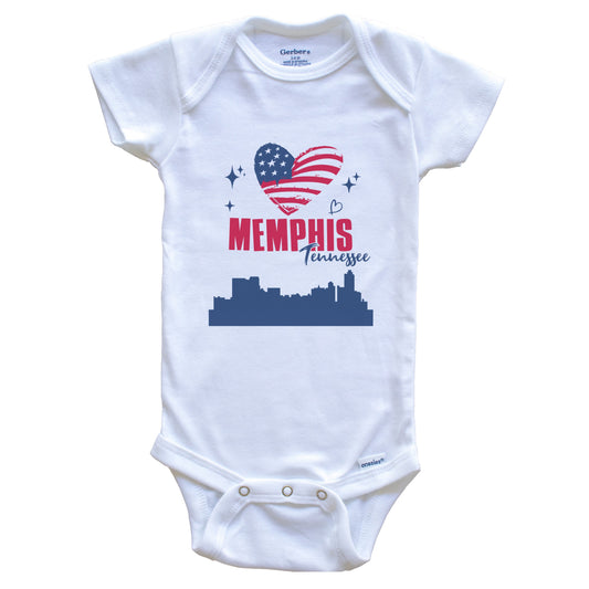 Memphis Tennessee Skyline American Flag Heart 4th of July Baby Bodysuit