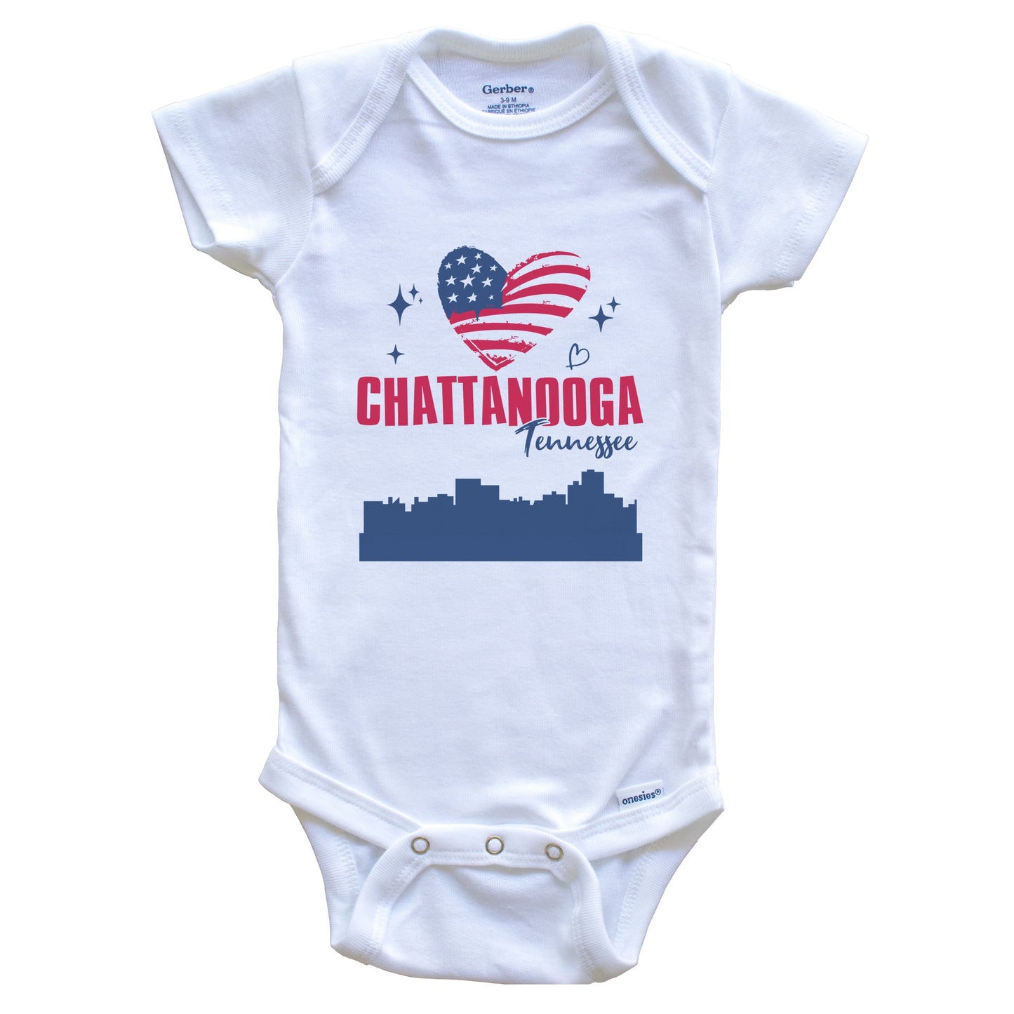 Chattanooga Tennessee Skyline American Flag Heart 4th of July Baby Bodysuit