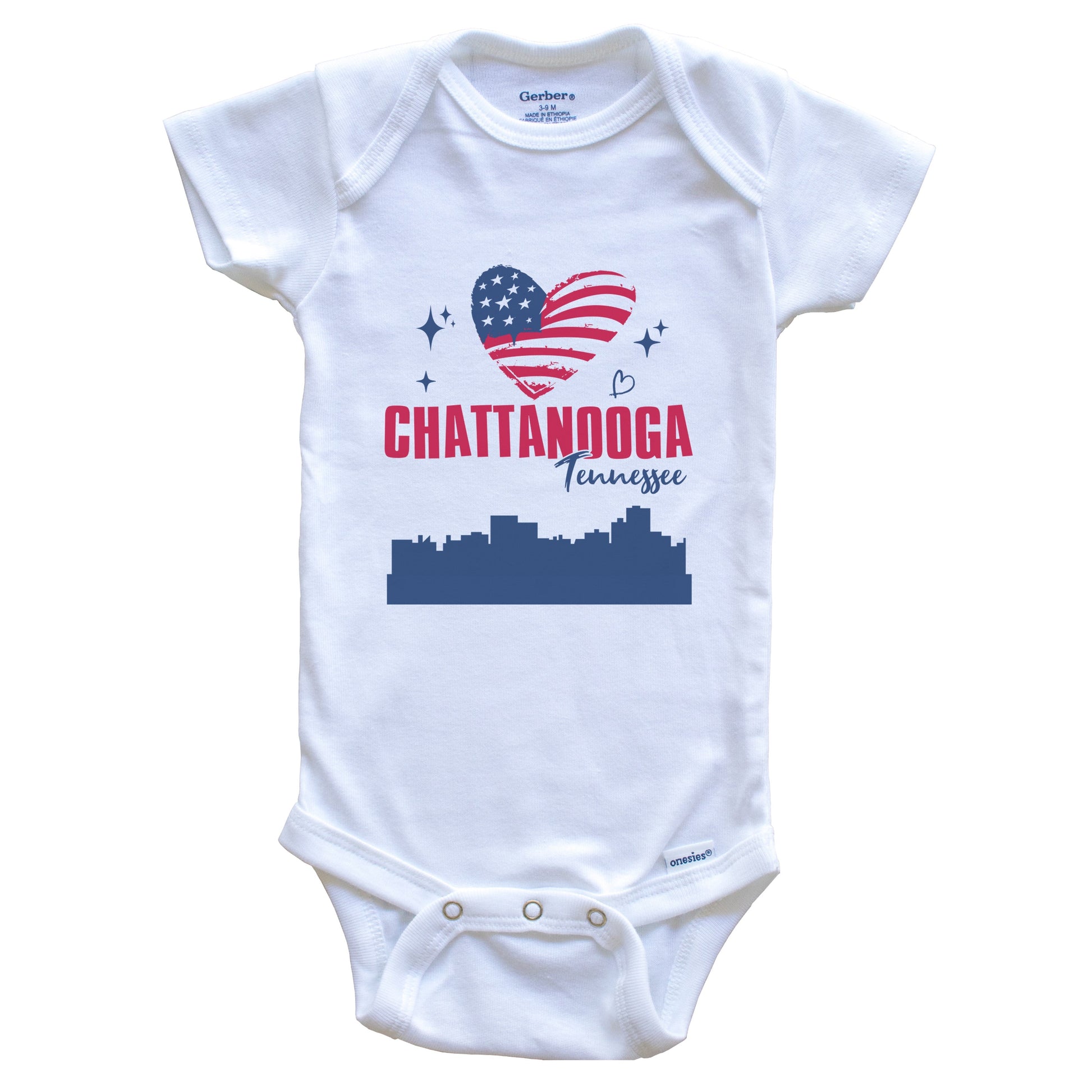 Chattanooga Tennessee Skyline American Flag Heart 4th of July Baby Bodysuit