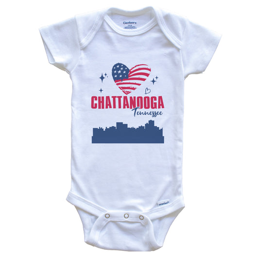 Chattanooga Tennessee Skyline American Flag Heart 4th of July Baby Bodysuit
