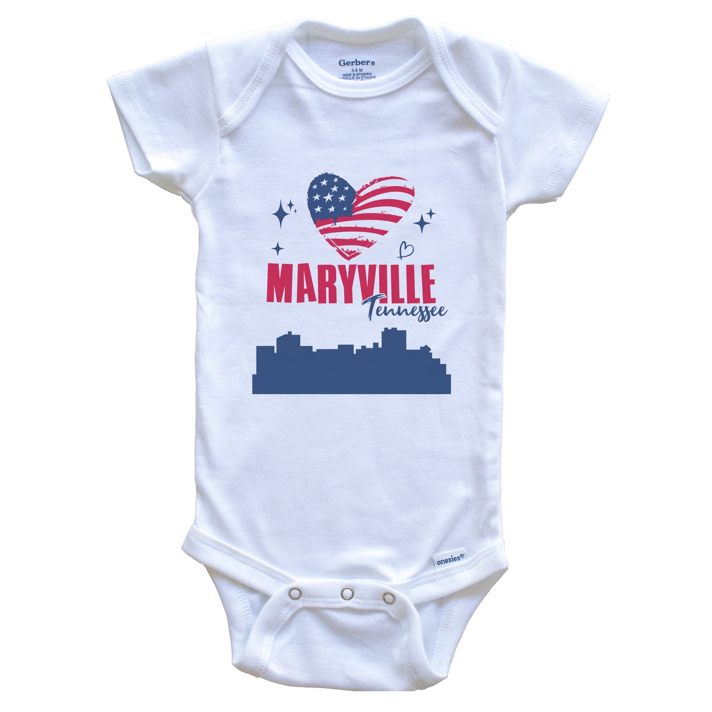 Maryville Tennessee Skyline American Flag Heart 4th of July Baby Bodysuit