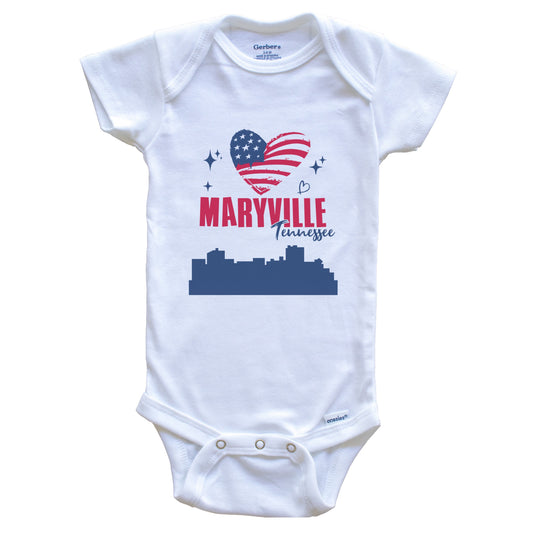 Maryville Tennessee Skyline American Flag Heart 4th of July Baby Bodysuit