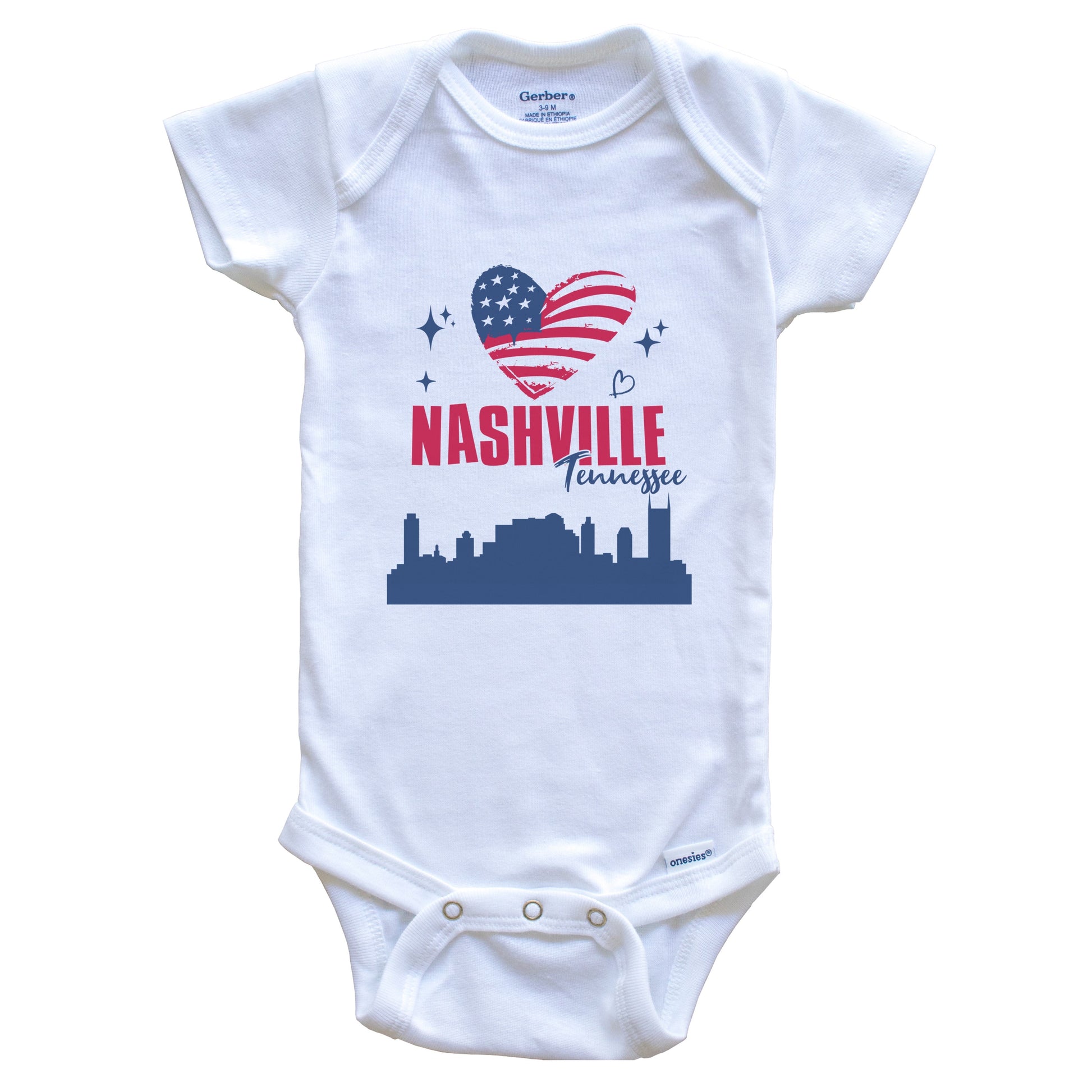 Nashville Tennessee Skyline American Flag Heart 4th of July Baby Bodysuit