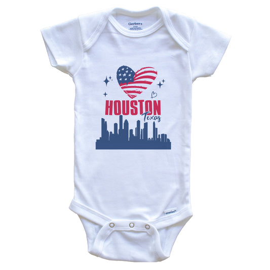 Houston Texas Skyline American Flag Heart 4th of July Baby Bodysuit