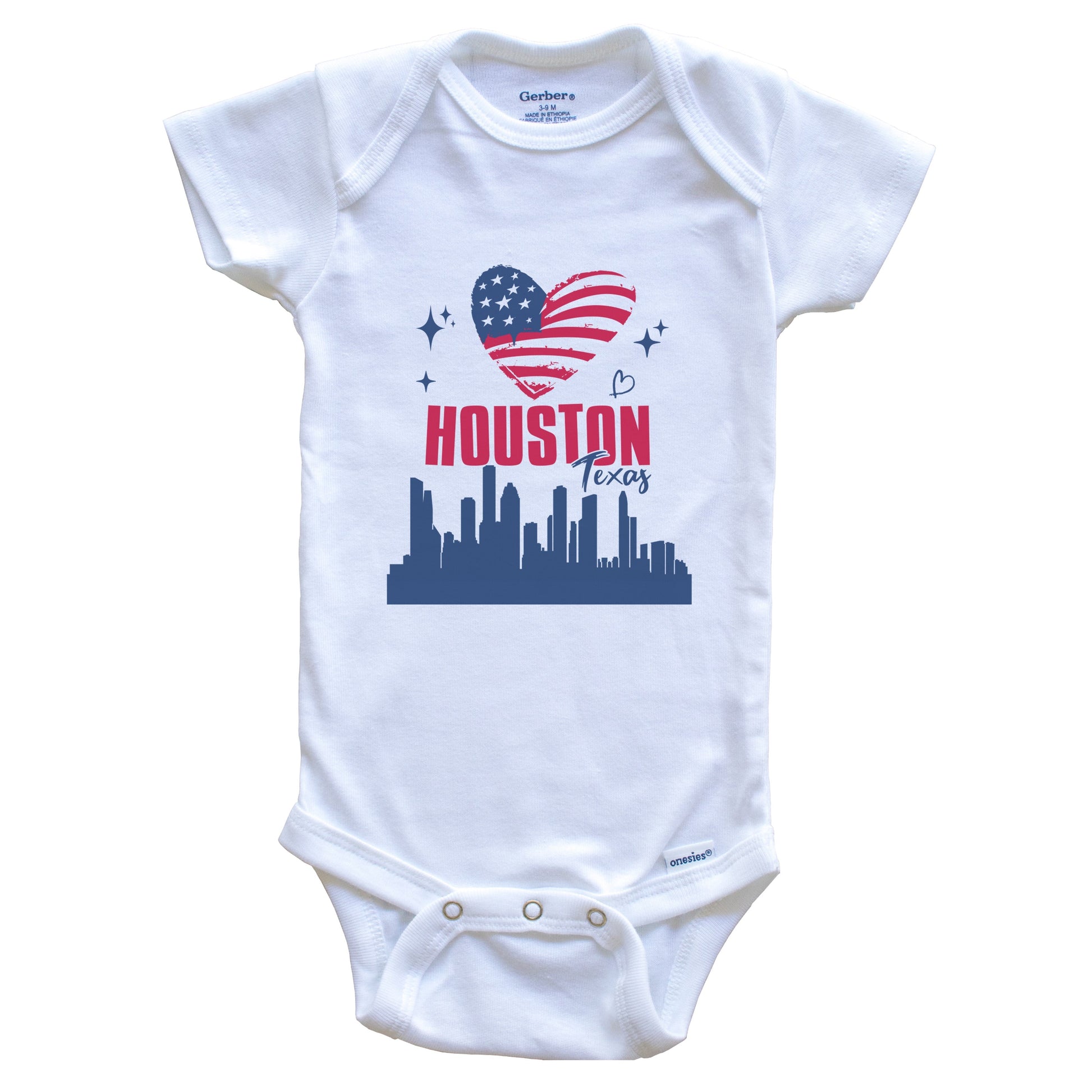 Houston Texas Skyline American Flag Heart 4th of July Baby Bodysuit