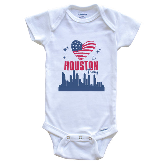Houston Texas Skyline American Flag Heart 4th of July Baby Bodysuit