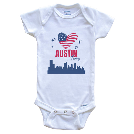 Austin Texas Skyline American Flag Heart 4th of July Baby Bodysuit
