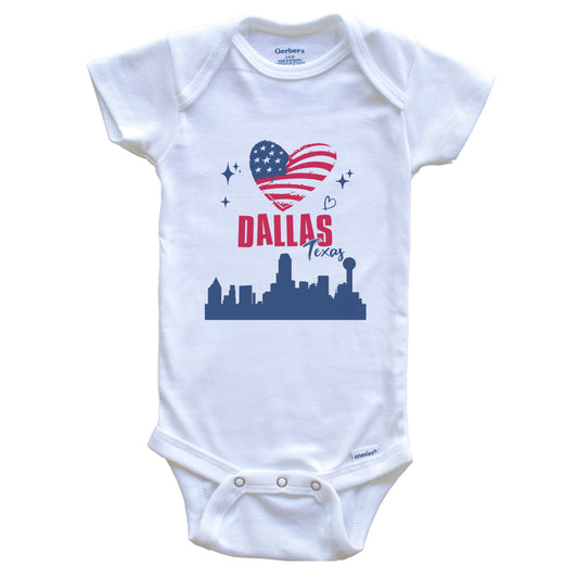 Dallas Texas Skyline American Flag Heart 4th of July Baby Bodysuit